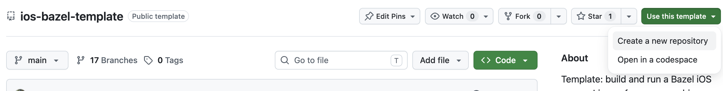 The ios-bazel-template repository page with the Use this template menu open, showing Create a new repository