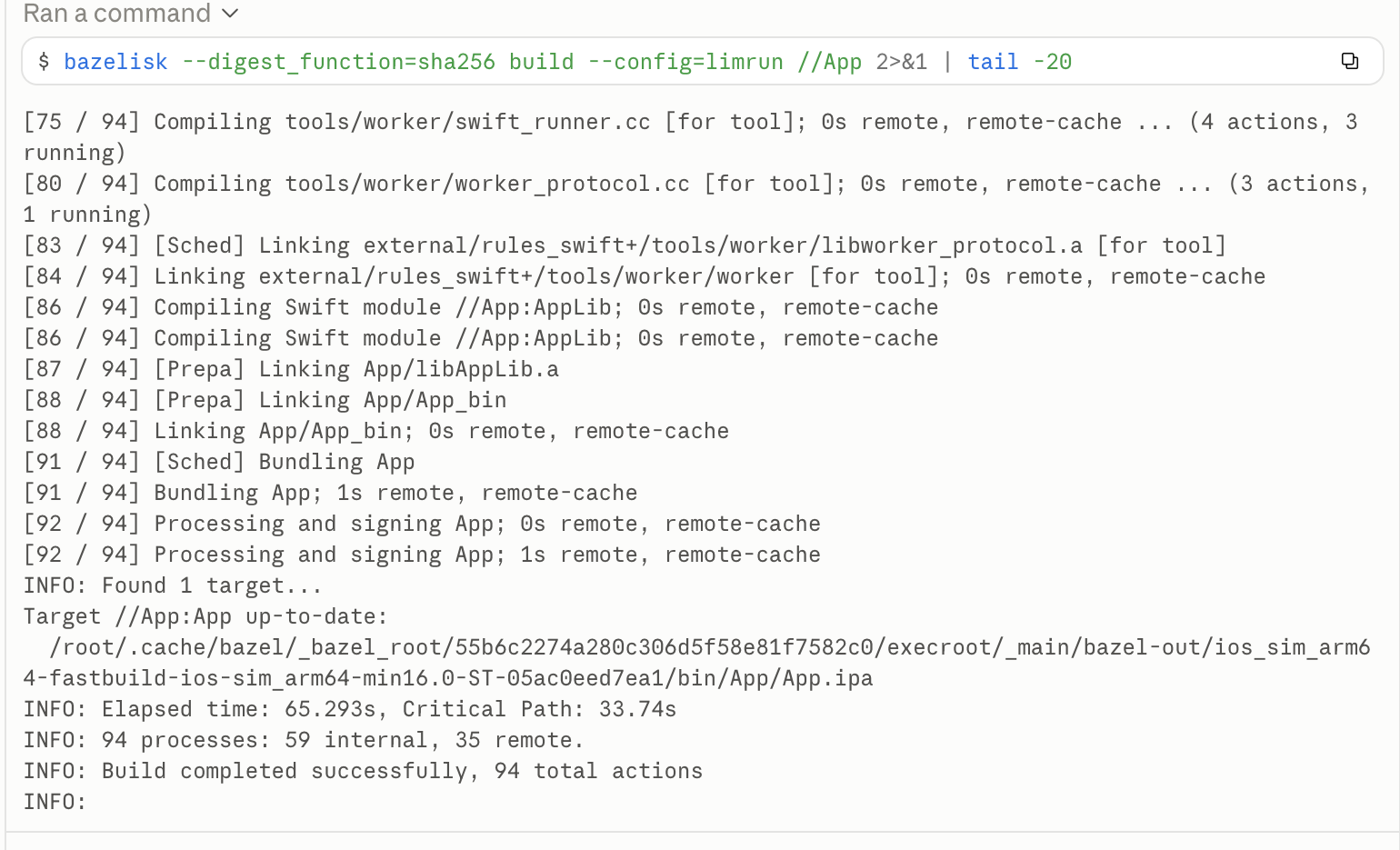 Session output of bazelisk --digest_function=sha256 build --config=limrun //App finishing with 35 remote processes and Build completed successfully