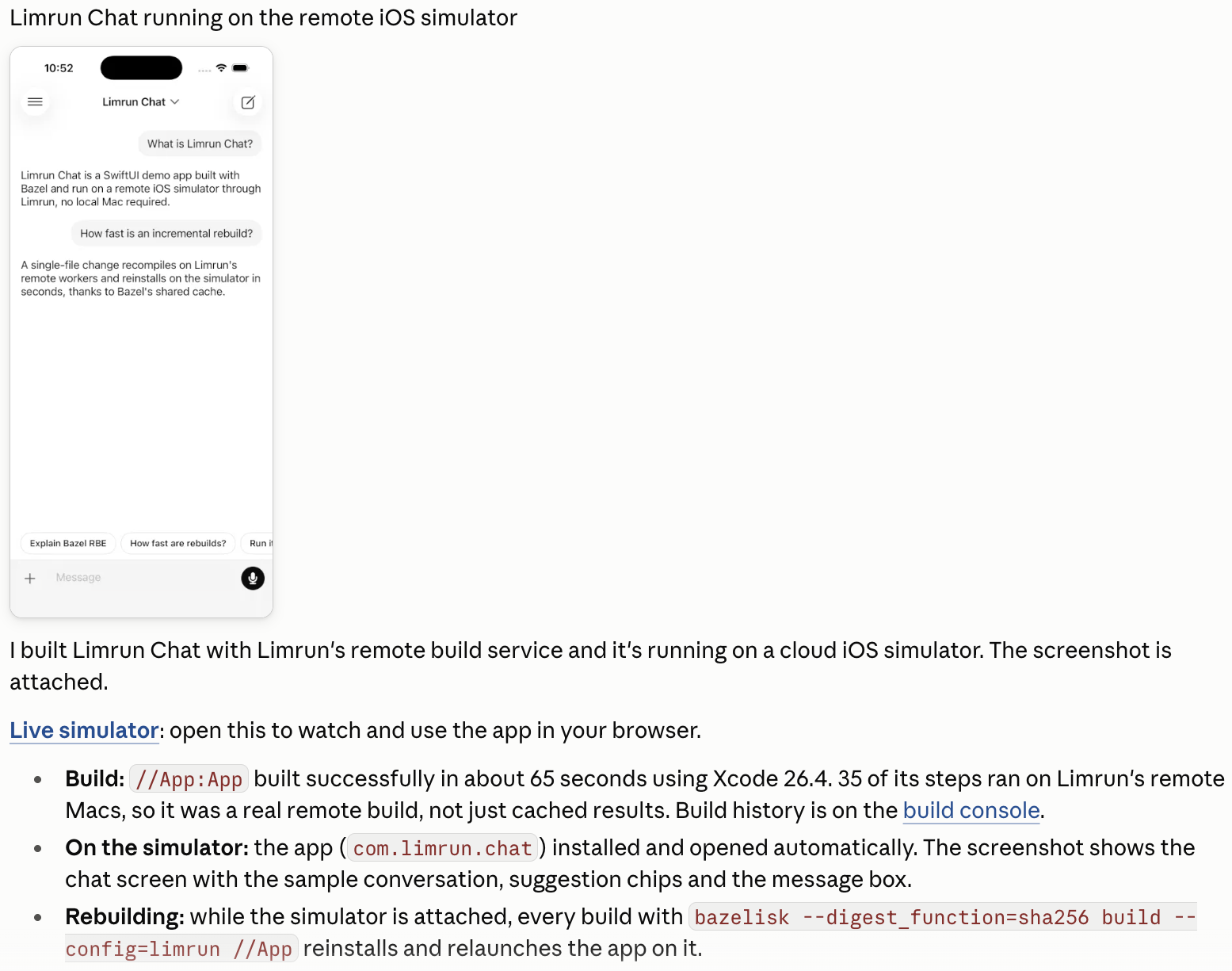 Claude's reply with a screenshot of the chat app on the simulator, a Live simulator link, and a summary of the build