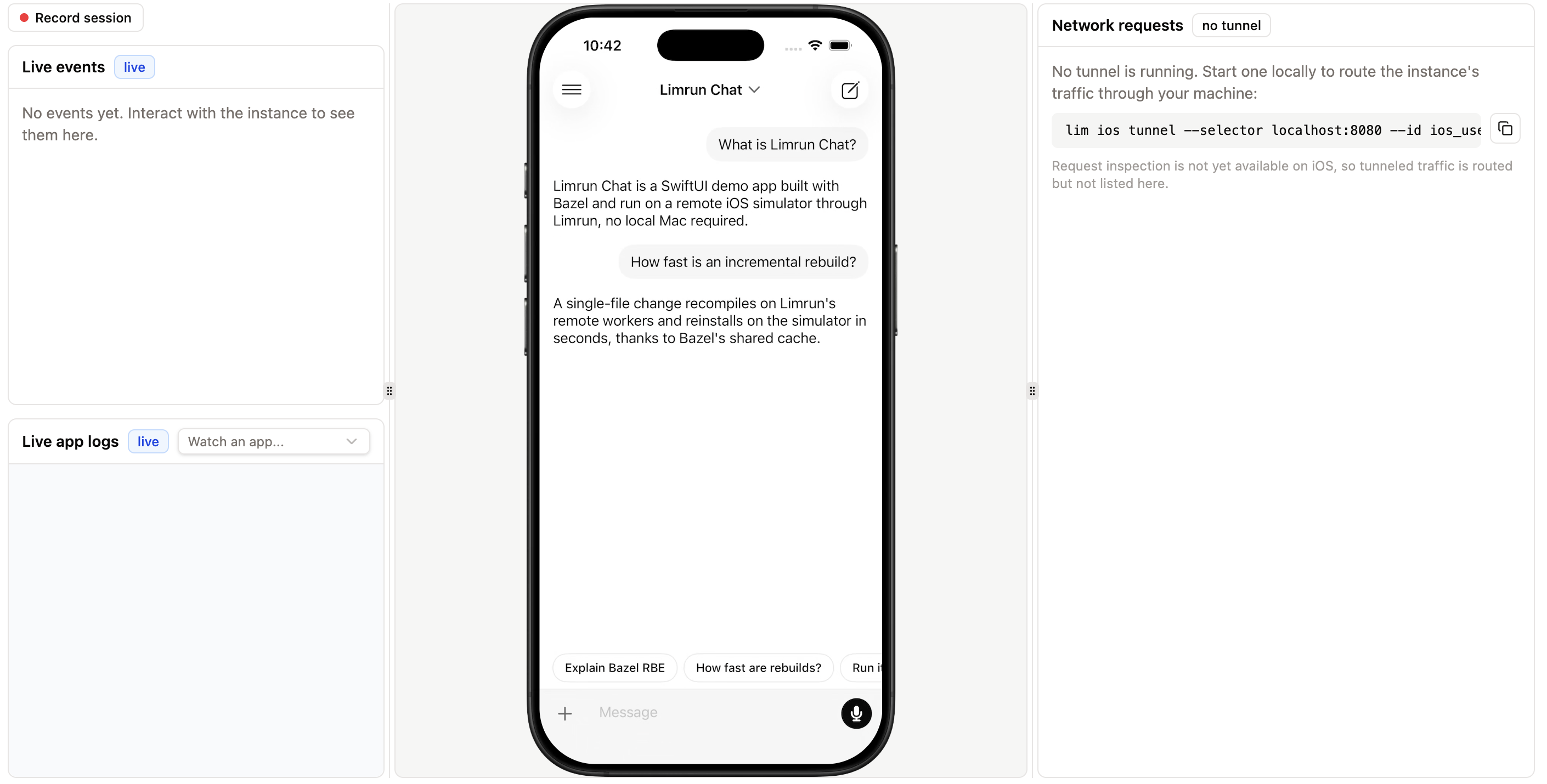 The live simulator in the browser running the chat app, with live events, app logs, and network request panels