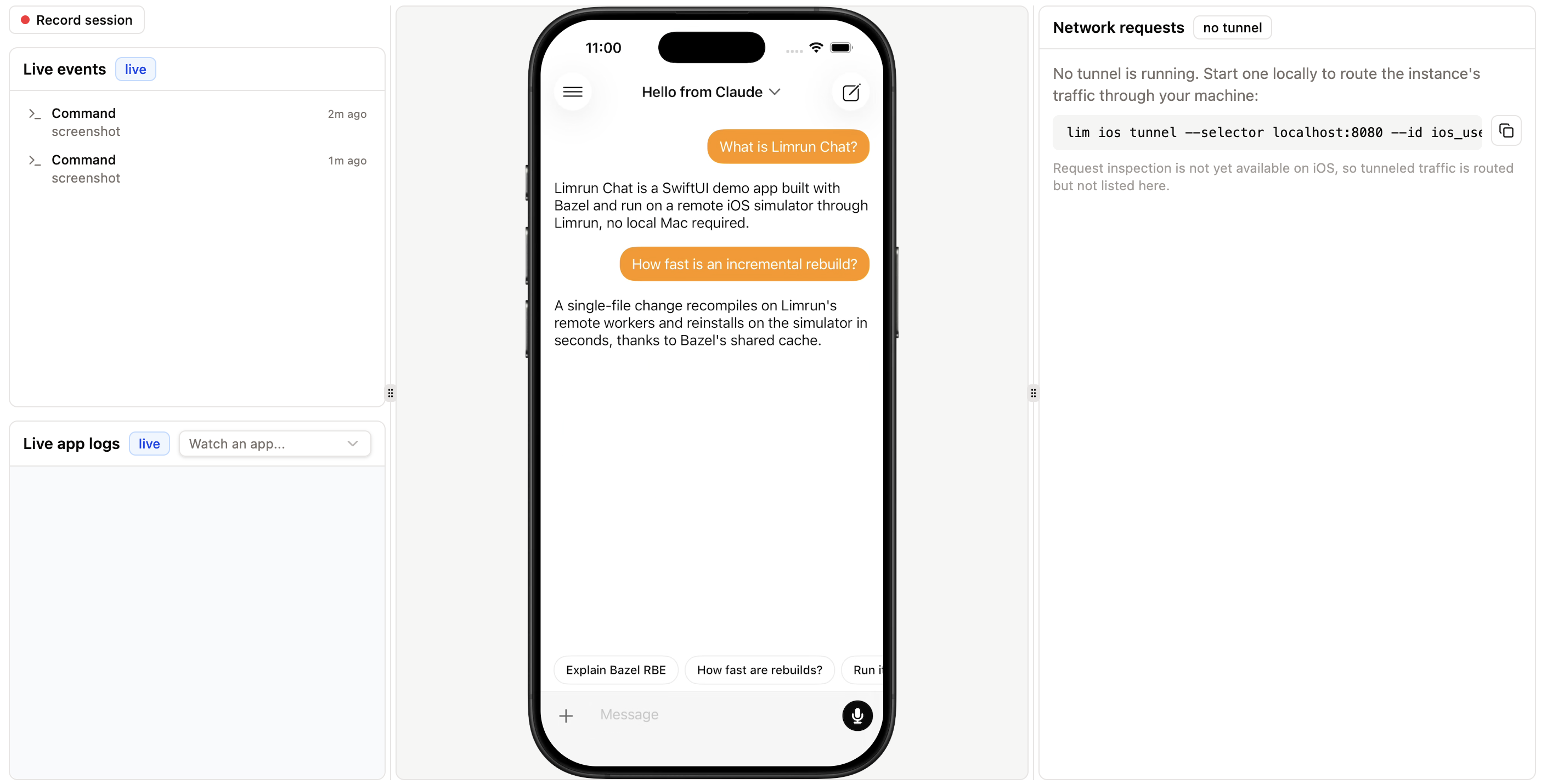 The live simulator showing the app with the Hello from Claude title and orange message bubbles
