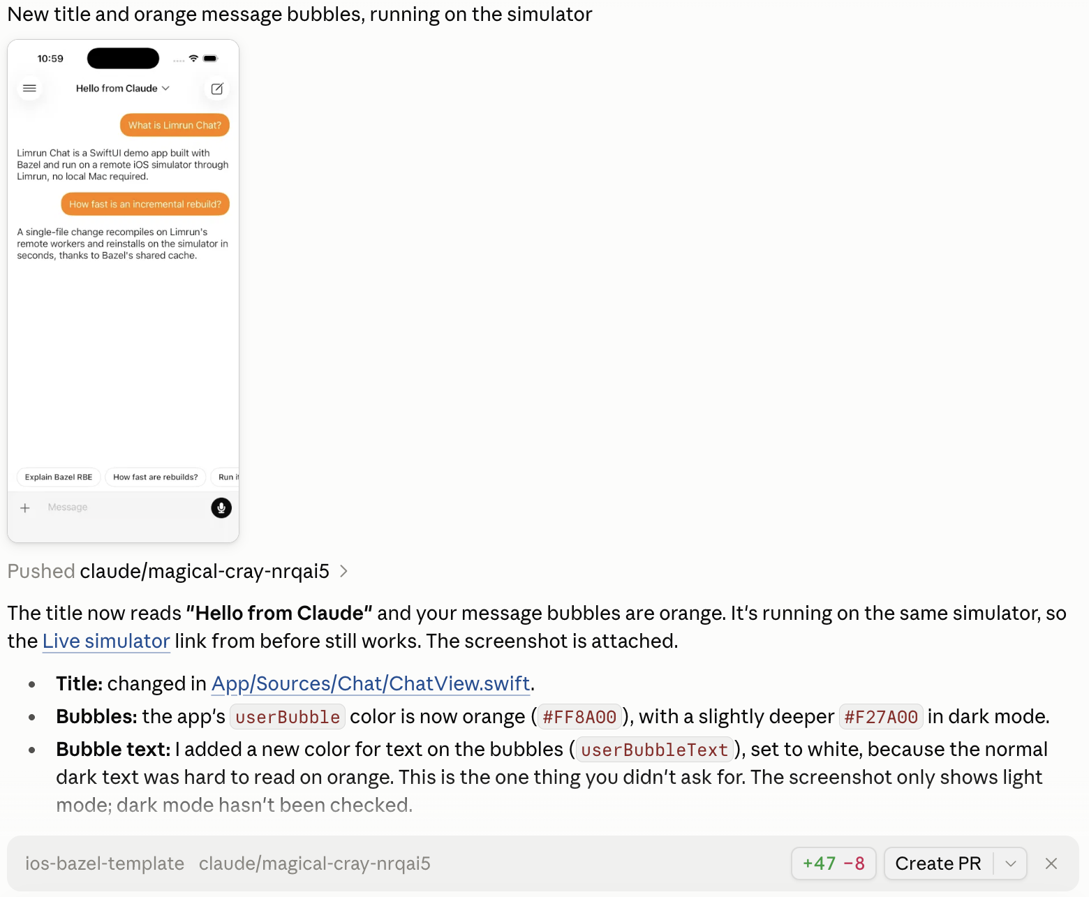 Claude's reply with a screenshot of the app titled Hello from Claude with orange bubbles, the pushed branch, and a Create PR button