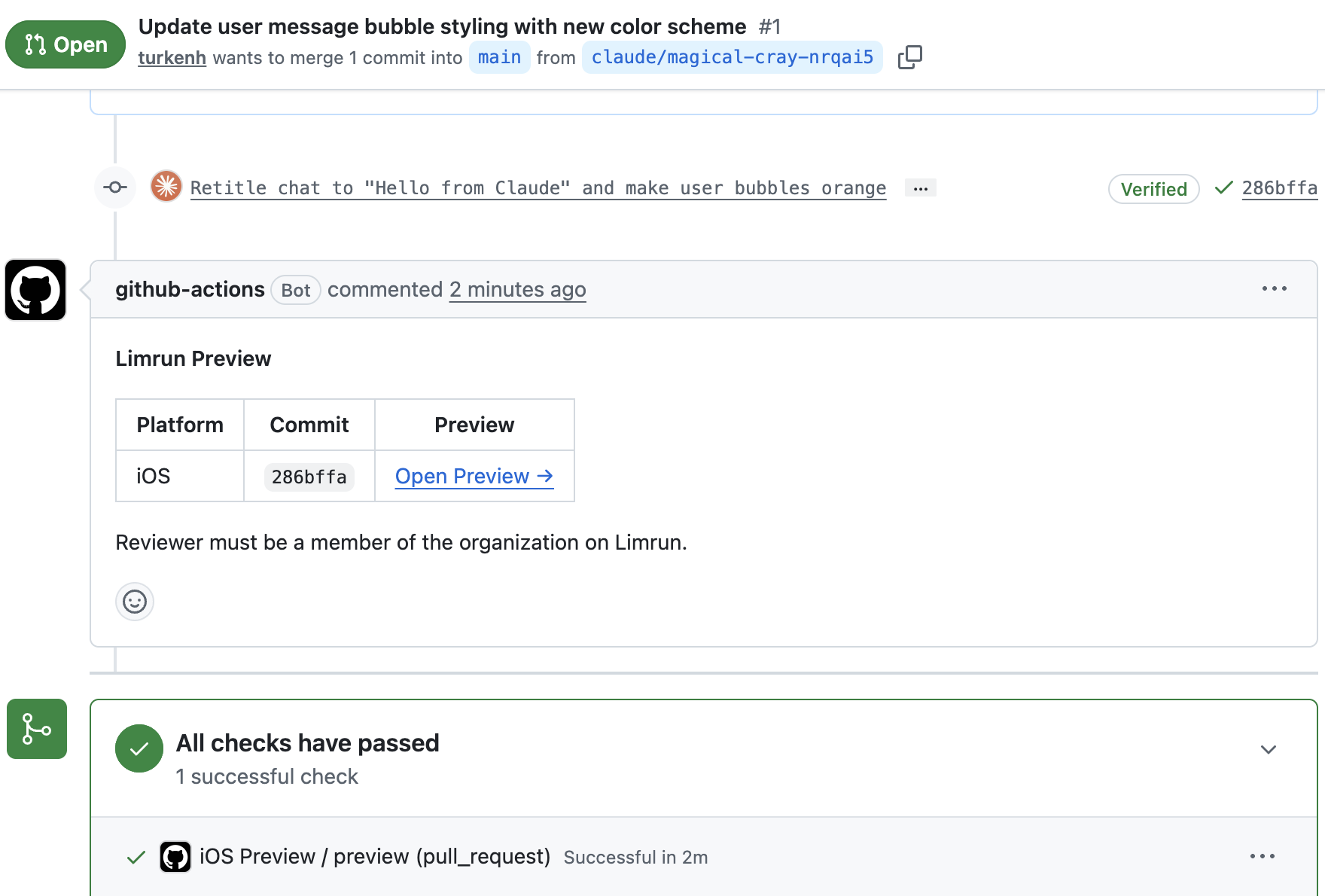 Pull request with the Limrun Preview comment linking to the preview for the commit, and the passing iOS Preview check