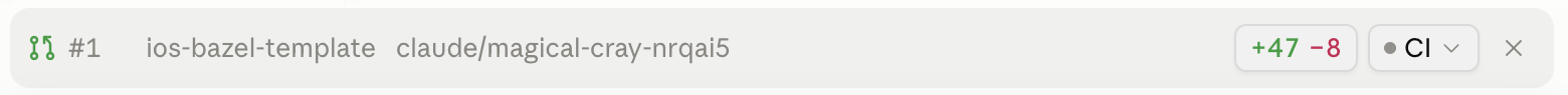 Session bar showing pull request number 1 for the Claude branch with a CI status indicator