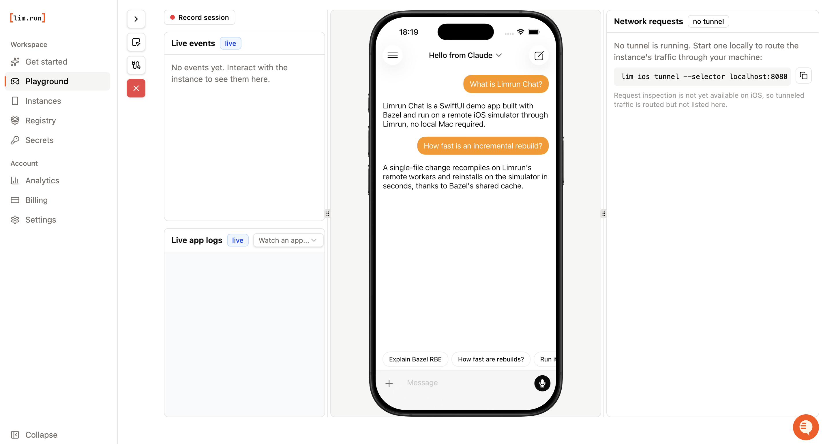 Limrun console preview running the changed app with the Hello from Claude title and orange bubbles